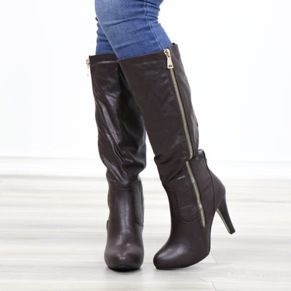 Brown Heeled Knee High Boots Faux Leather - Picture 2 of 14